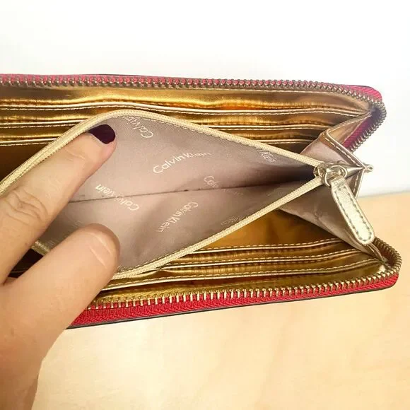 Calvin Klein Red Saffiano Leather Zip Around Long Wallet w/ Gold Interior - Picture 4 of 11